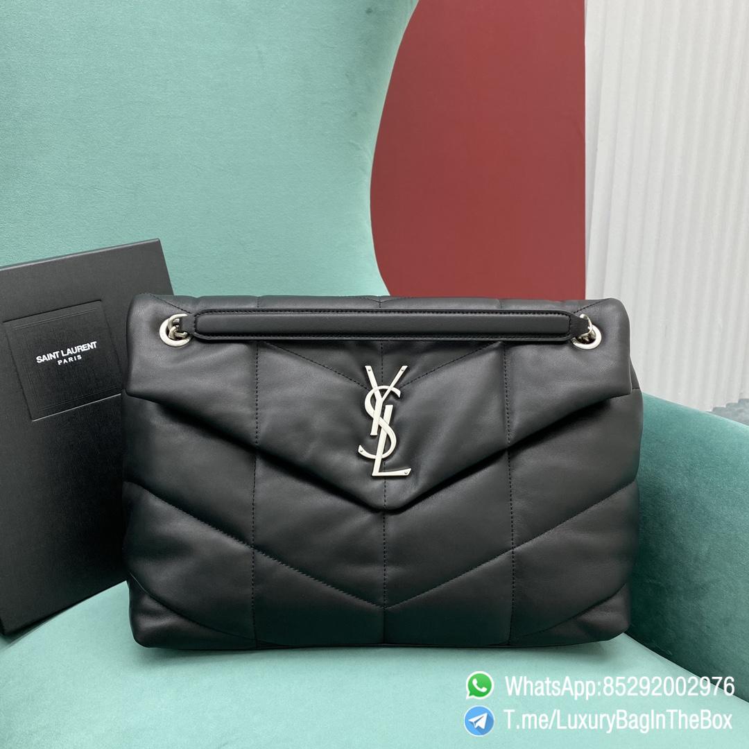 Best Replica YSL Puffer Medium Bag Black In Quilted Lambskin with Silver Handware Metal YSL Initials and Chain Leather Strap SKU 5774751EL001000 01