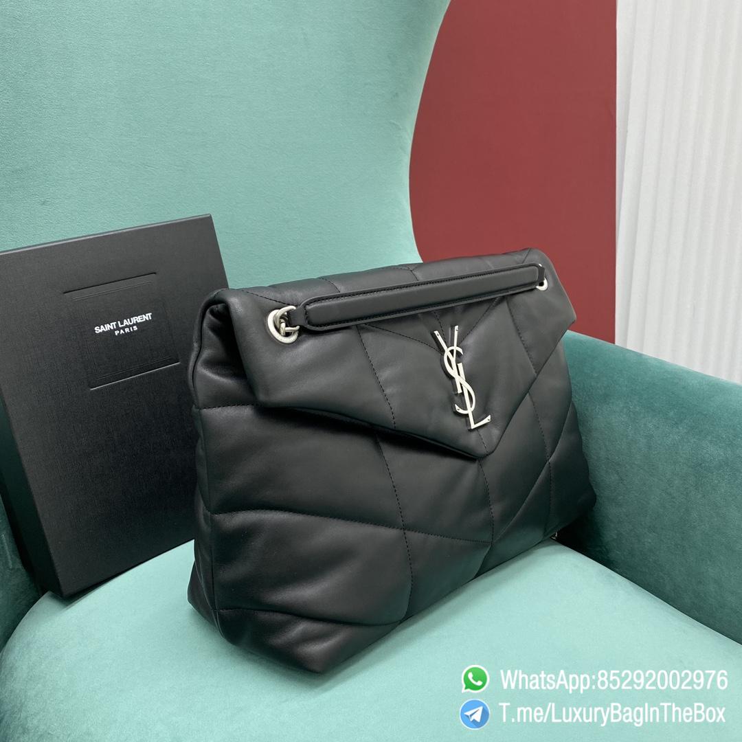 Best Replica YSL Puffer Medium Bag Black In Quilted Lambskin with Silver Handware Metal YSL Initials and Chain Leather Strap SKU 5774751EL001000 02