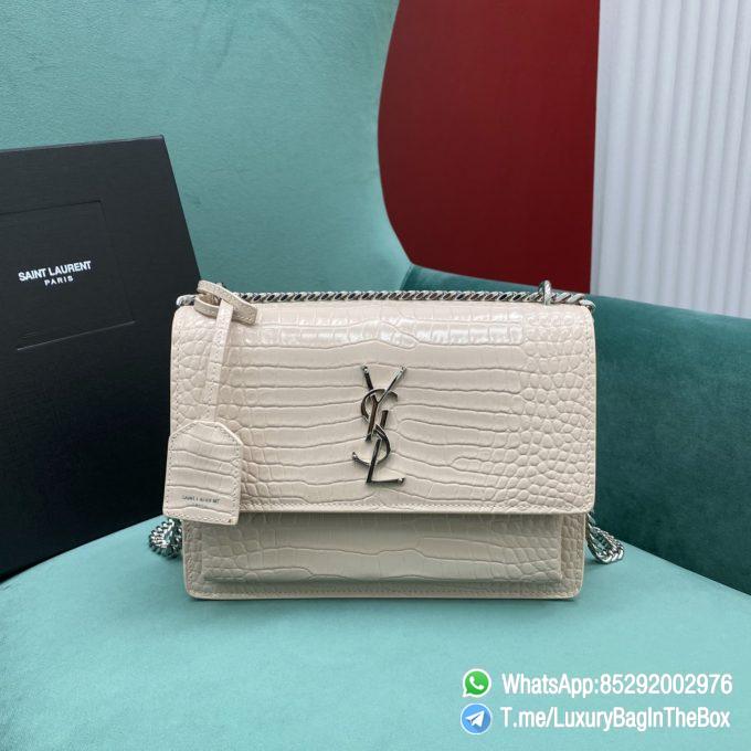 Best Replica YSL Sunset Bag Blanc Vintage Crocodile Embossed Leather with Front Flap Chain and Leather Shoulder Strap Silver Metal Hardware and YSL Initials SKU 442906DND0N9207 01 1