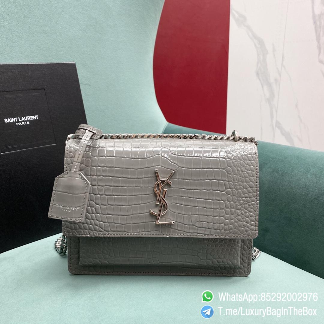 Best Replica YSL Sunset Bag Blanc Vintage Crocodile Embossed Leather with Front Flap Chain and Leather Shoulder Strap Silver Metal Hardware and YSL Initials SKU 442906DND0N9207 01