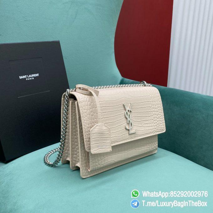 Best Replica YSL Sunset Bag Blanc Vintage Crocodile Embossed Leather with Front Flap Chain and Leather Shoulder Strap Silver Metal Hardware and YSL Initials SKU 442906DND0N9207 02 1