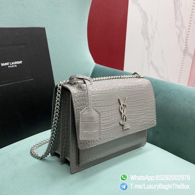 Best Replica YSL Sunset Bag Blanc Vintage Crocodile Embossed Leather with Front Flap Chain and Leather Shoulder Strap Silver Metal Hardware and YSL Initials SKU 442906DND0N9207 02