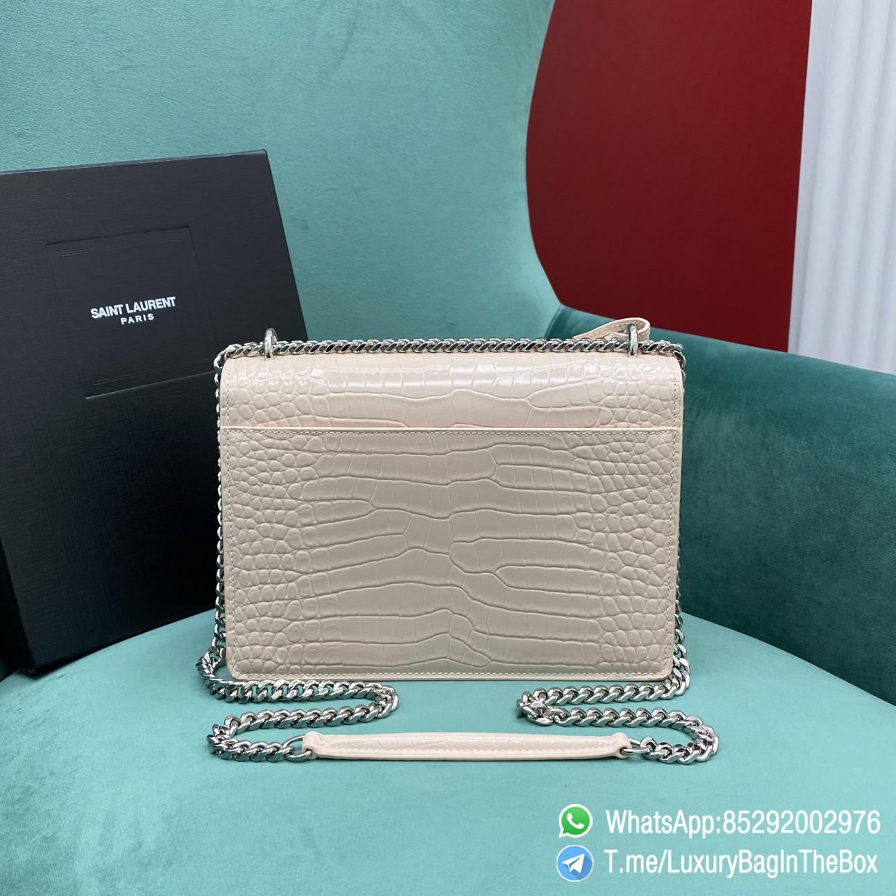 Best Replica YSL Sunset Bag Blanc Vintage Crocodile Embossed Leather with Front Flap Chain and Leather Shoulder Strap Silver Metal Hardware and YSL Initials SKU 442906DND0N9207 03 1