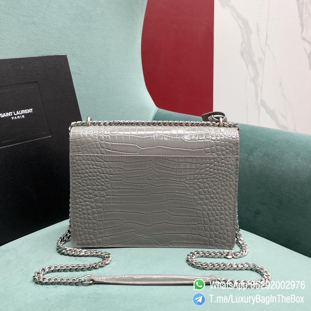 Best Replica YSL Sunset Bag Blanc Vintage Crocodile Embossed Leather with Front Flap Chain and Leather Shoulder Strap Silver Metal Hardware and YSL Initials SKU 442906DND0N9207 03