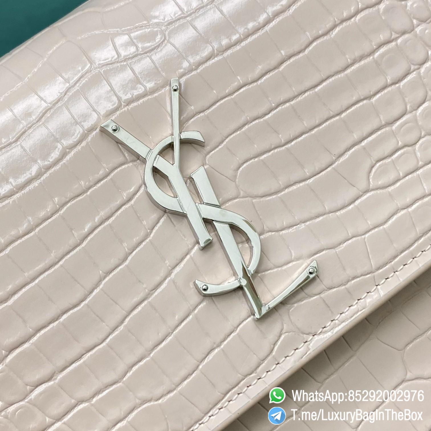 Best Replica YSL Sunset Bag Blanc Vintage Crocodile Embossed Leather with Front Flap Chain and Leather Shoulder Strap Silver Metal Hardware and YSL Initials SKU 442906DND0N9207 07 1