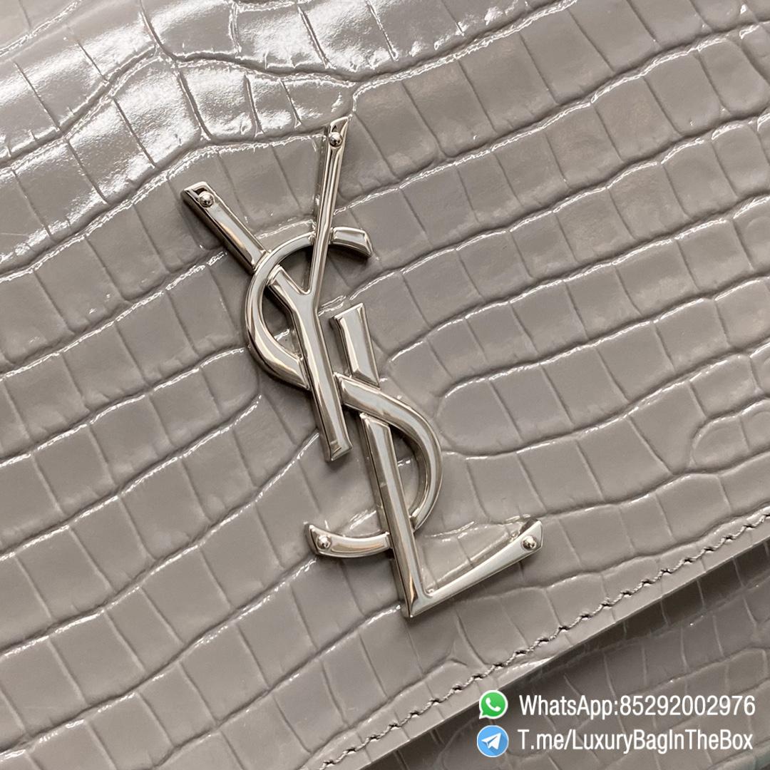 Best Replica YSL Sunset Bag Blanc Vintage Crocodile Embossed Leather with Front Flap Chain and Leather Shoulder Strap Silver Metal Hardware and YSL Initials SKU 442906DND0N9207 07