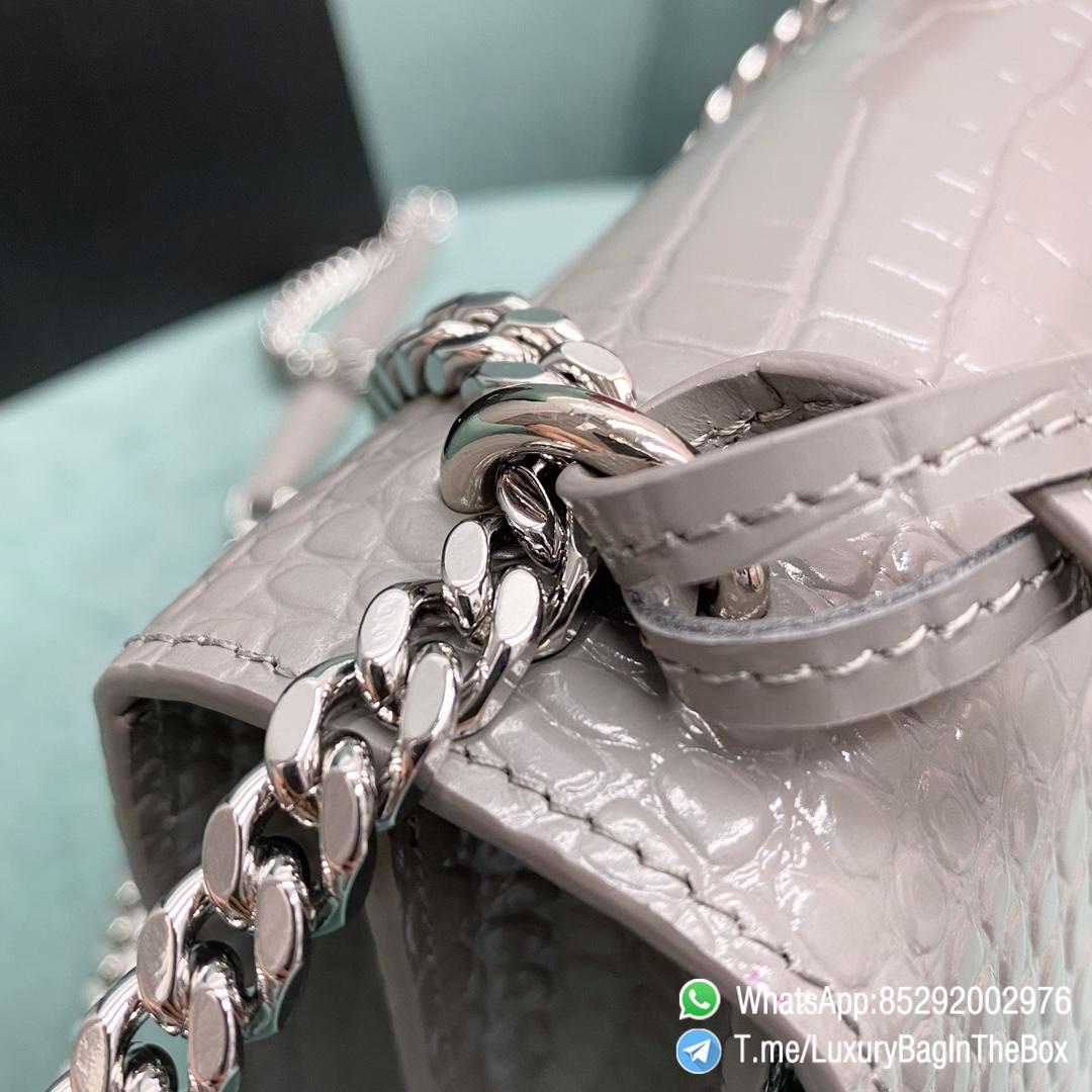 Best Replica YSL Sunset Bag Blanc Vintage Crocodile Embossed Leather with Front Flap Chain and Leather Shoulder Strap Silver Metal Hardware and YSL Initials SKU 442906DND0N9207 08