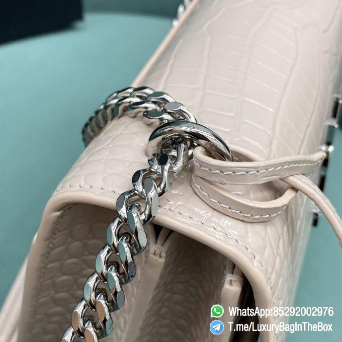 Best Replica YSL Sunset Bag Blanc Vintage Crocodile Embossed Leather with Front Flap Chain and Leather Shoulder Strap Silver Metal Hardware and YSL Initials SKU 442906DND0N9207 09 1