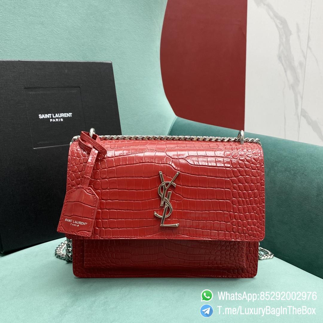 Best Replica YSL Sunset Bag Rouge Eros Crocodile Embossed Leather with Front Flap Chain and Leather Shoulder Strap Silver Metal Hardware and Silver YSL Initials Metal Logo SKU 442906 01