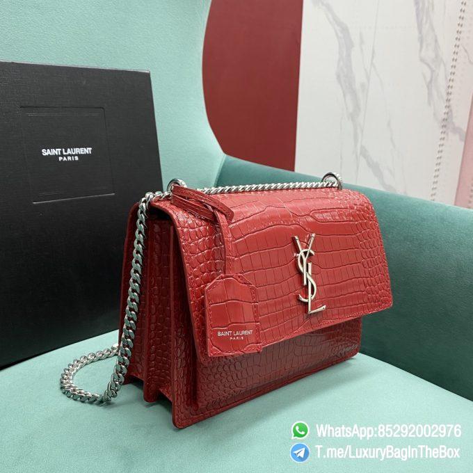 Best Replica YSL Sunset Bag Rouge Eros Crocodile Embossed Leather with Front Flap Chain and Leather Shoulder Strap Silver Metal Hardware and Silver YSL Initials Metal Logo SKU 442906 02