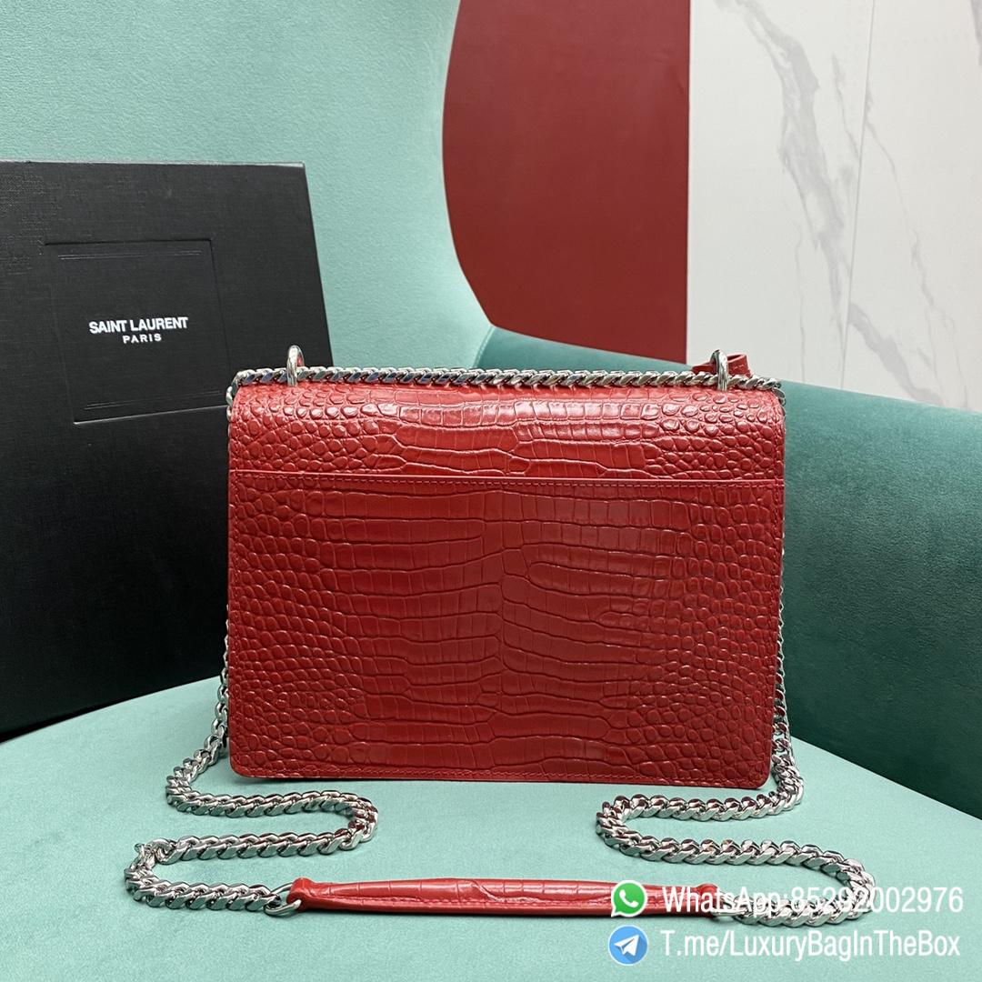 Best Replica YSL Sunset Bag Rouge Eros Crocodile Embossed Leather with Front Flap Chain and Leather Shoulder Strap Silver Metal Hardware and Silver YSL Initials Metal Logo SKU 442906 03