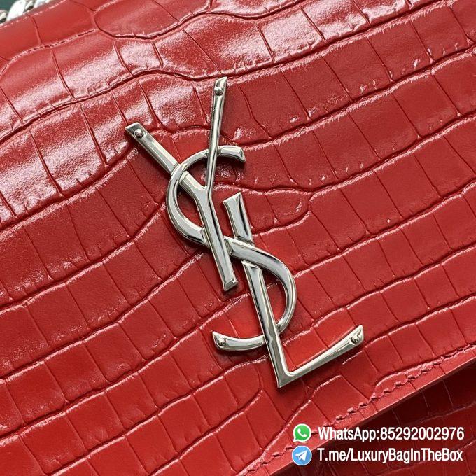 Best Replica YSL Sunset Bag Rouge Eros Crocodile Embossed Leather with Front Flap Chain and Leather Shoulder Strap Silver Metal Hardware and Silver YSL Initials Metal Logo SKU 442906 07