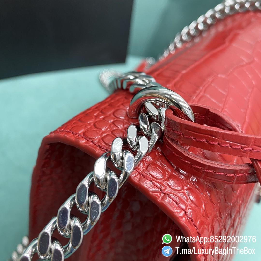Best Replica YSL Sunset Bag Rouge Eros Crocodile Embossed Leather with Front Flap Chain and Leather Shoulder Strap Silver Metal Hardware and Silver YSL Initials Metal Logo SKU 442906 08