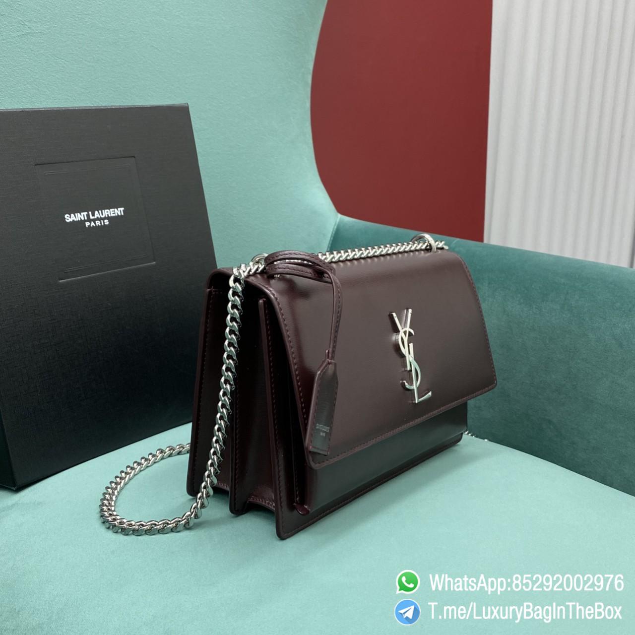 Best Replica YSL Sunset Handbag 442906 Rouge Legion Smooth Leather with Front Flap Chain and Leather Shoulder Strap Silver Metal YSL Initials 02