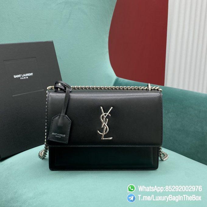 Best Replica YSL Sunset Handbag Black Smooth Leather with Front Flap Chain and Leather Shoulder Strap Silver Metal YSL Initials SKU 442906D420N1000 01