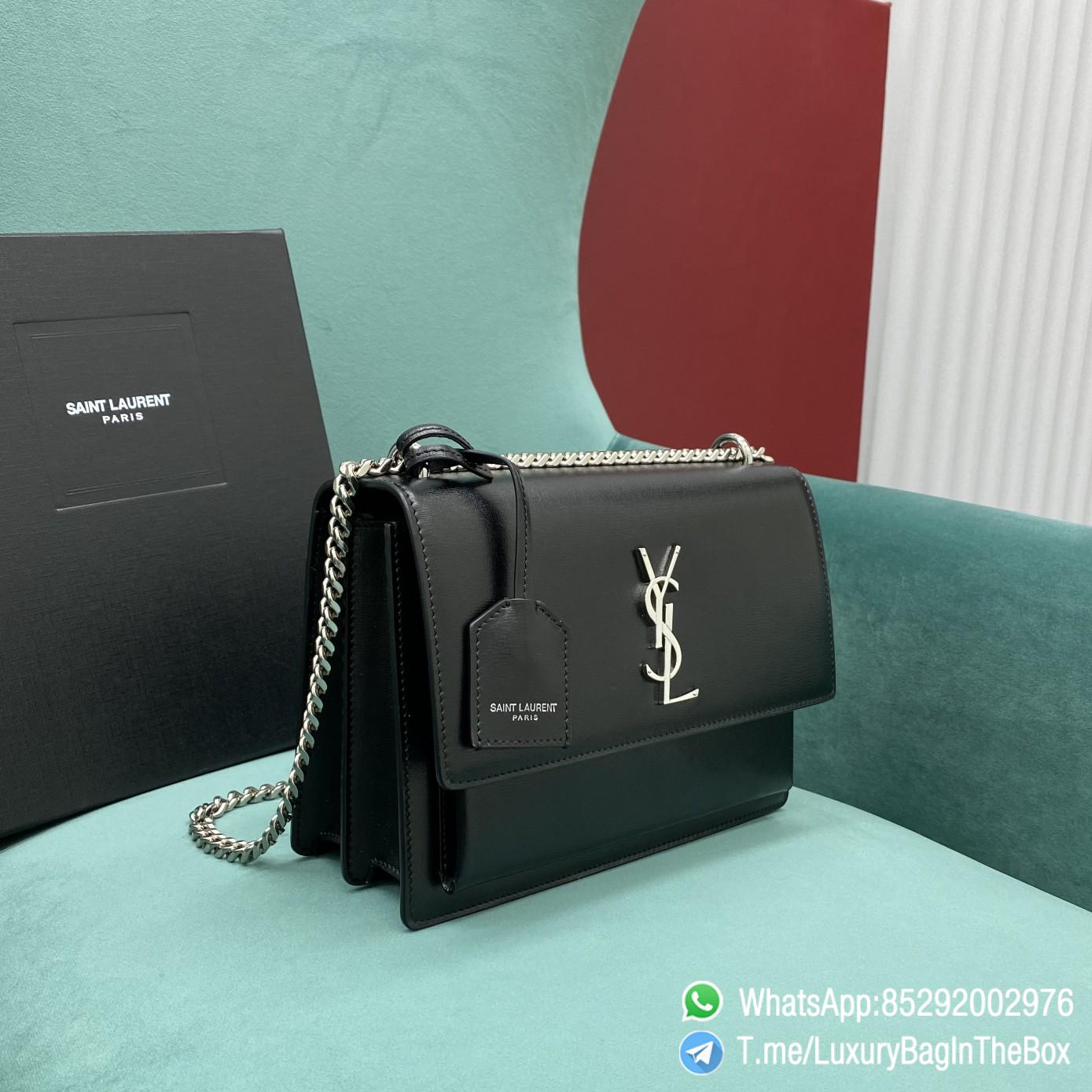 Best Replica YSL Sunset Handbag Black Smooth Leather with Front Flap Chain and Leather Shoulder Strap Silver Metal YSL Initials SKU 442906D420N1000 02
