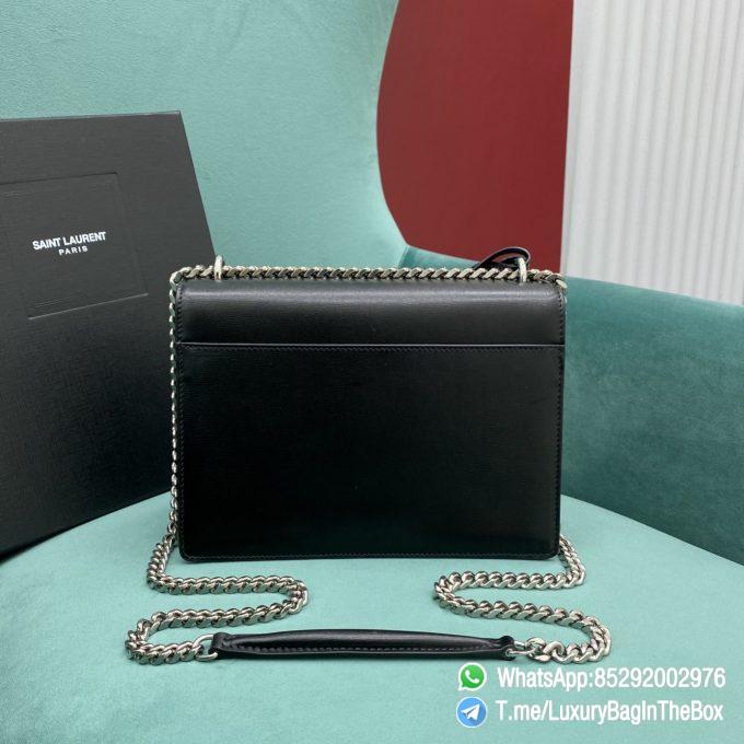 Best Replica YSL Sunset Handbag Black Smooth Leather with Front Flap Chain and Leather Shoulder Strap Silver Metal YSL Initials SKU 442906D420N1000 03