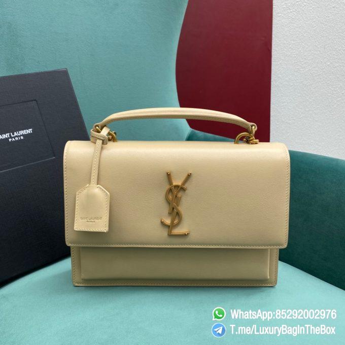 Best Replica YSL Sunset Satchel In Ivory Natural Smooth Leather with Front Flap Top Handle Chain and Leather Shoulder Strap Gold Metal YSL Initials SKU 634723D420W9141 01