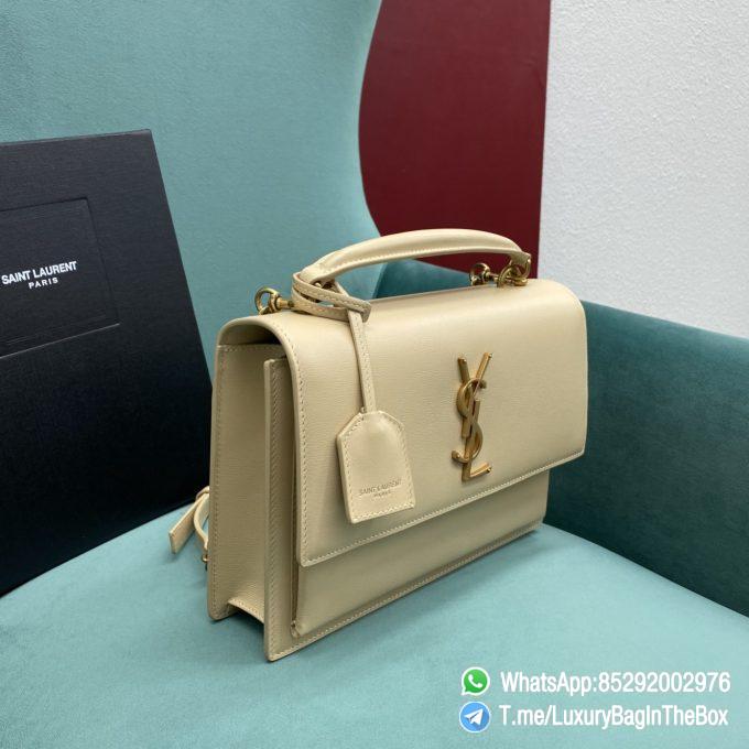 Best Replica YSL Sunset Satchel In Ivory Natural Smooth Leather with Front Flap Top Handle Chain and Leather Shoulder Strap Gold Metal YSL Initials SKU 634723D420W9141 02