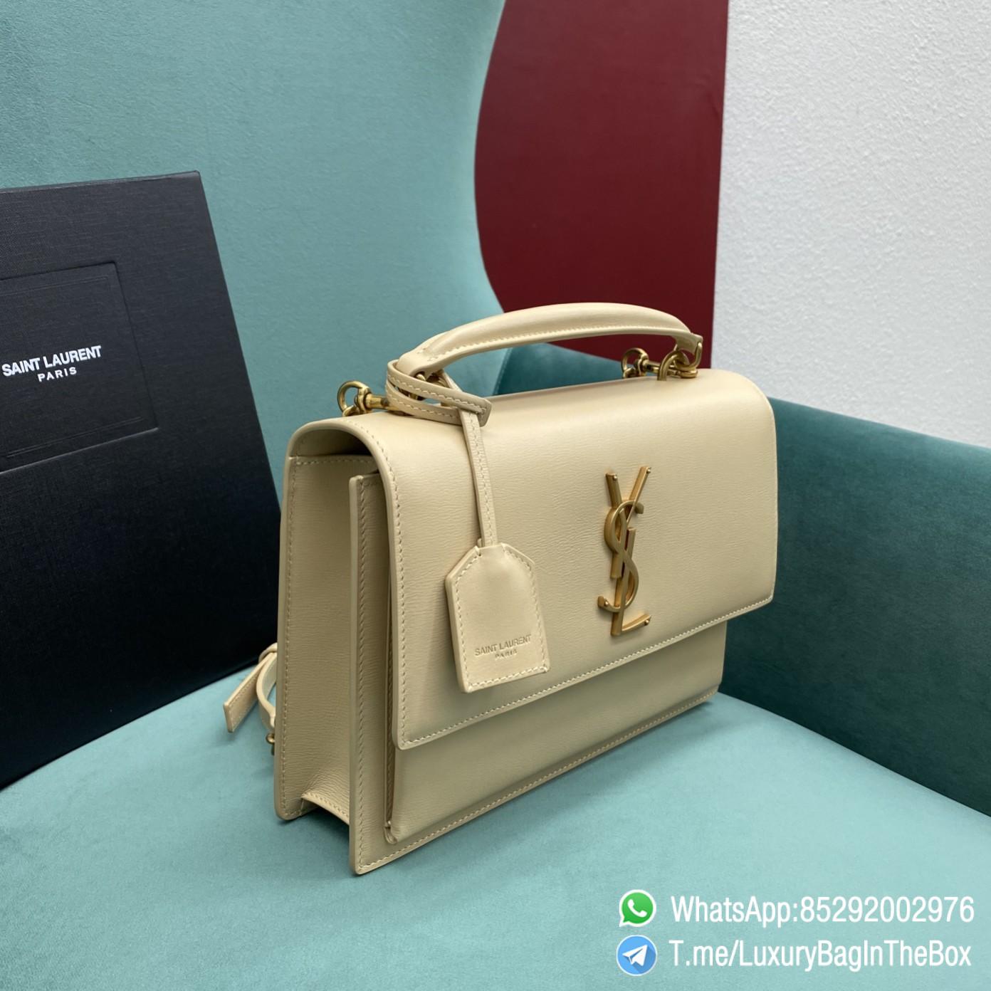 Best Replica YSL Sunset Satchel In Ivory Natural Smooth Leather with Front Flap Top Handle Chain and Leather Shoulder Strap Gold Metal YSL Initials SKU 634723D420W9141 02