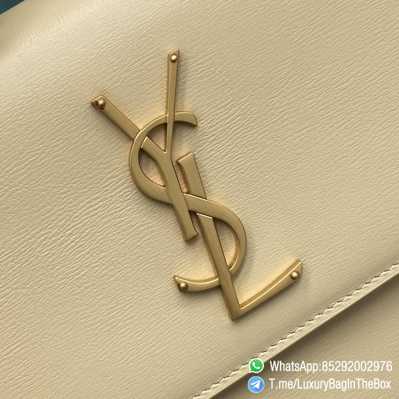 Best Replica YSL Sunset Satchel In Ivory Natural Smooth Leather with Front Flap Top Handle Chain and Leather Shoulder Strap Gold Metal YSL Initials SKU 634723D420W9141 09