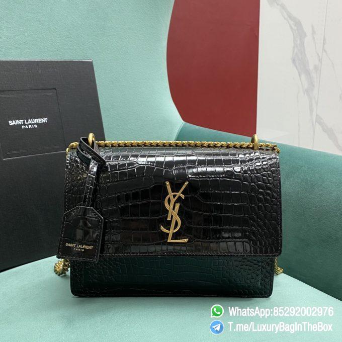 High Quality YSL Sunset In Black Crocodile Embossed Shiny Leather Shoulder Bag with Front Flap Chain and Leather Strap Gold Metal YSL Initials SKU 442906DND0J1000 01