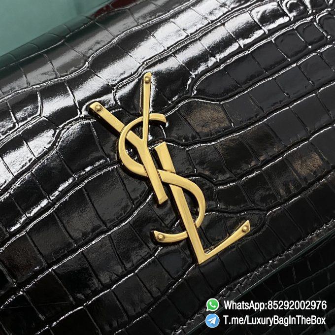High Quality YSL Sunset In Black Crocodile Embossed Shiny Leather Shoulder Bag with Front Flap Chain and Leather Strap Gold Metal YSL Initials SKU 442906DND0J1000 010