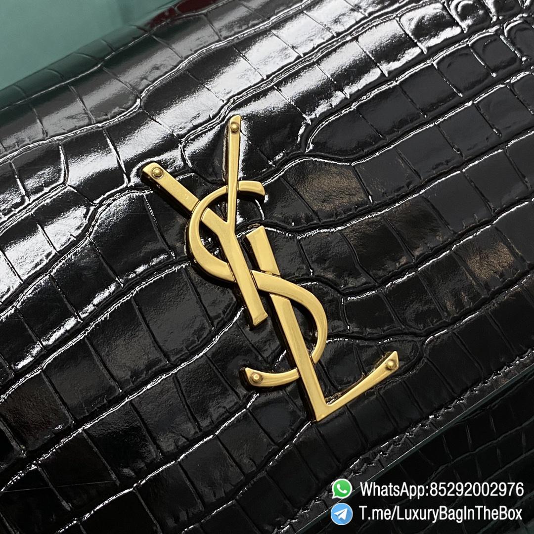 High Quality YSL Sunset In Black Crocodile Embossed Shiny Leather Shoulder Bag with Front Flap Chain and Leather Strap Gold Metal YSL Initials SKU 442906DND0J1000 010