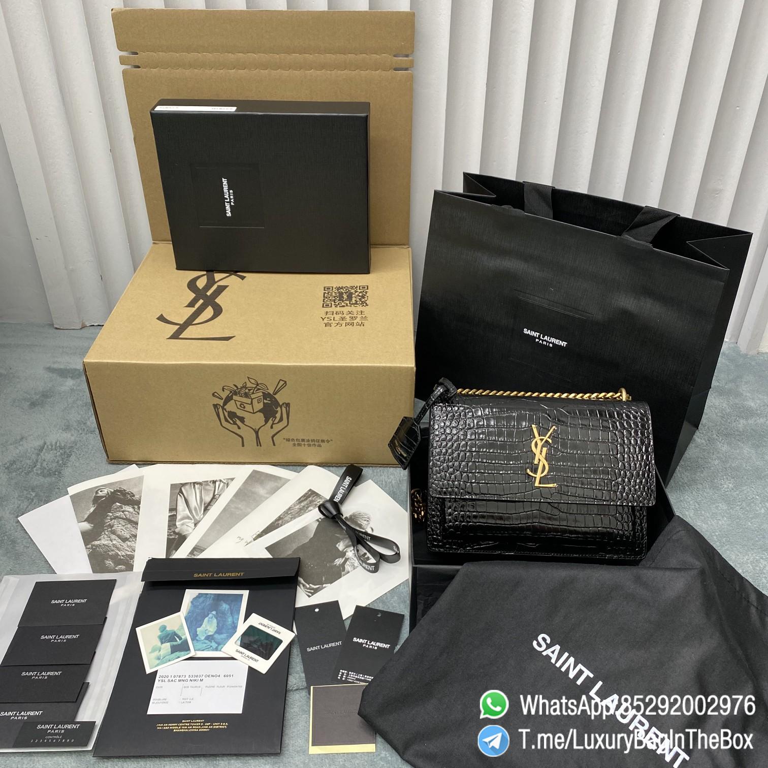 High Quality YSL Sunset In Black Crocodile Embossed Shiny Leather Shoulder Bag with Front Flap Chain and Leather Strap Gold Metal YSL Initials SKU 442906DND0J1000 011