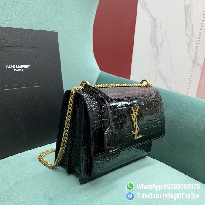 High Quality YSL Sunset In Black Crocodile Embossed Shiny Leather Shoulder Bag with Front Flap Chain and Leather Strap Gold Metal YSL Initials SKU 442906DND0J1000 02