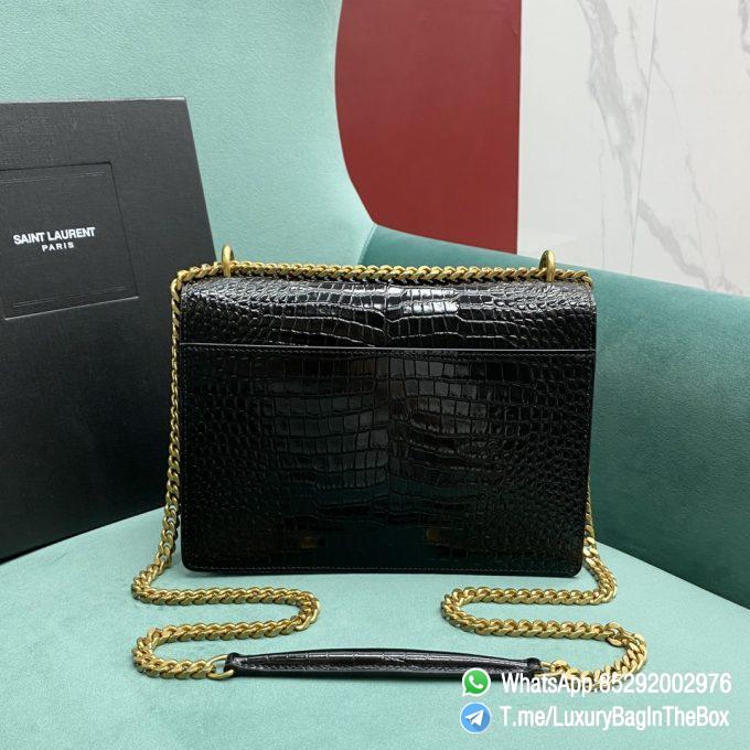 High Quality YSL Sunset In Black Crocodile Embossed Shiny Leather Shoulder Bag with Front Flap Chain and Leather Strap Gold Metal YSL Initials SKU 442906DND0J1000 03