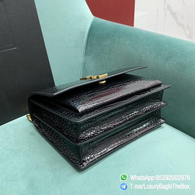 High Quality YSL Sunset In Black Crocodile Embossed Shiny Leather Shoulder Bag with Front Flap Chain and Leather Strap Gold Metal YSL Initials SKU 442906DND0J1000 04