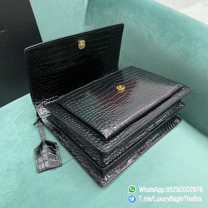High Quality YSL Sunset In Black Crocodile Embossed Shiny Leather Shoulder Bag with Front Flap Chain and Leather Strap Gold Metal YSL Initials SKU 442906DND0J1000 05