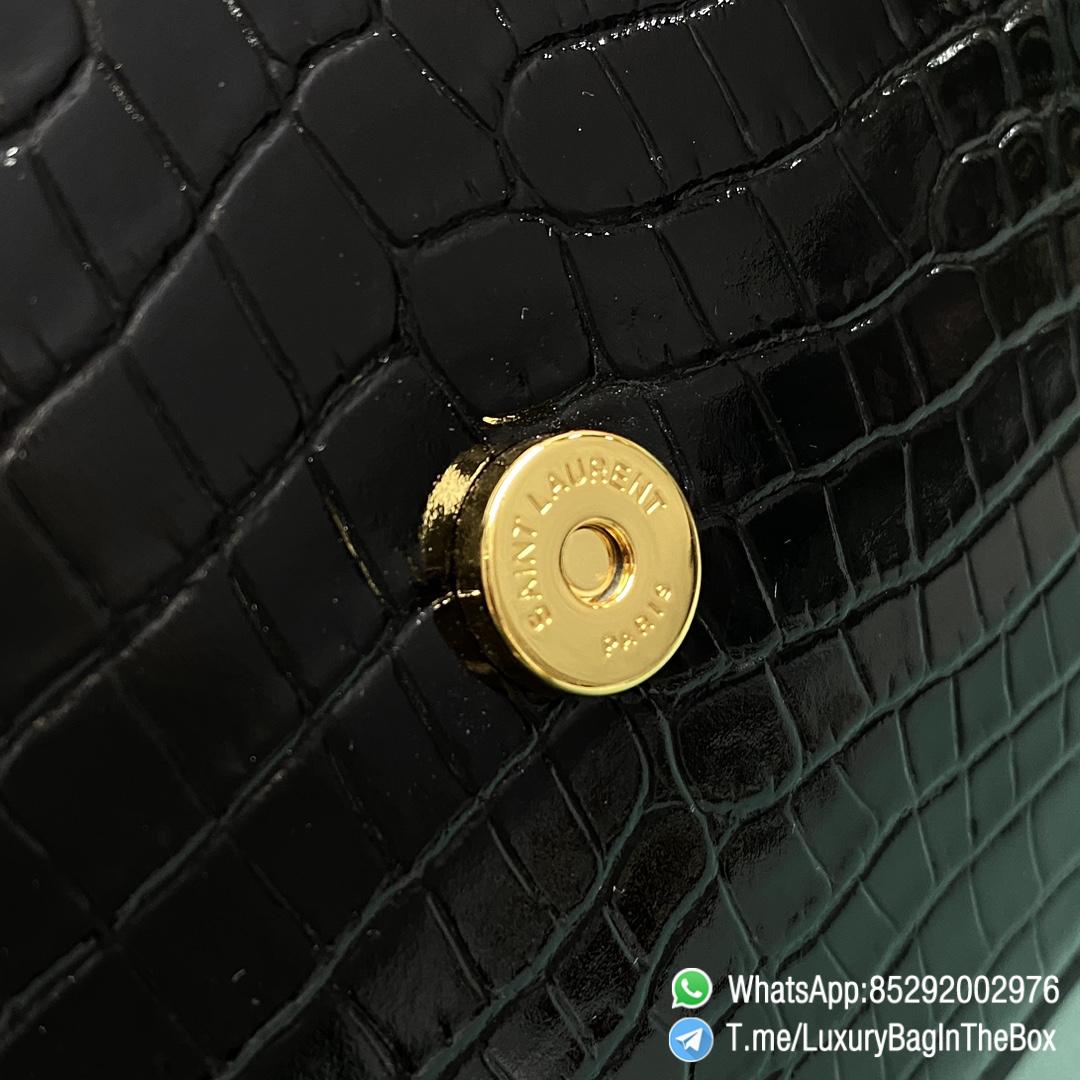 High Quality YSL Sunset In Black Crocodile Embossed Shiny Leather Shoulder Bag with Front Flap Chain and Leather Strap Gold Metal YSL Initials SKU 442906DND0J1000 06
