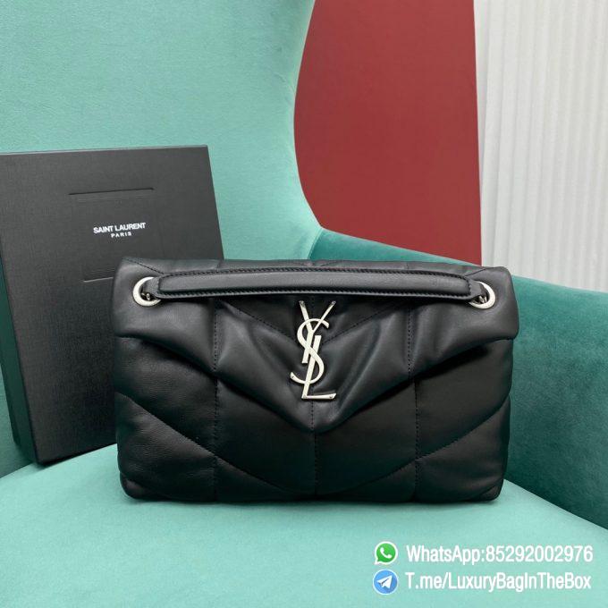 Top Quality YSL Puffer Small Bag Black In Quilted Lambskin with Silver Handware Metal YSL Initials and Chain Leather Strap Double Shoulder Carry SKU 577476 01