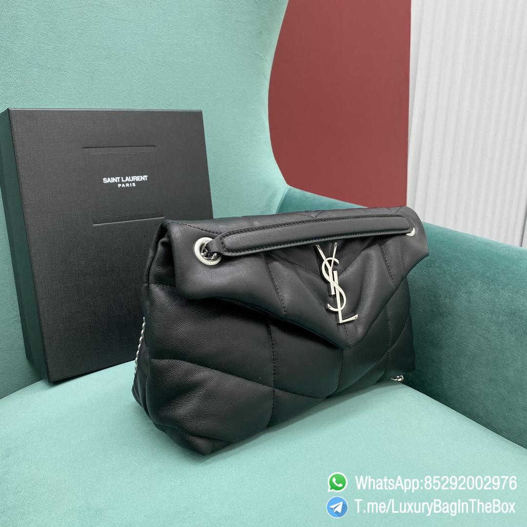 Top Quality YSL Puffer Small Bag Black In Quilted Lambskin with Silver Handware Metal YSL Initials and Chain Leather Strap Double Shoulder Carry SKU 577476 02