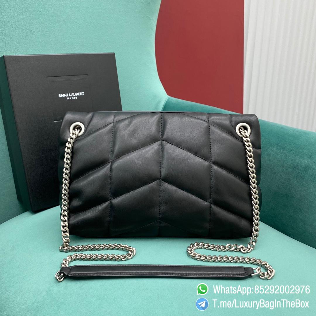 Top Quality YSL Puffer Small Bag Black In Quilted Lambskin with Silver Handware Metal YSL Initials and Chain Leather Strap Double Shoulder Carry SKU 577476 03