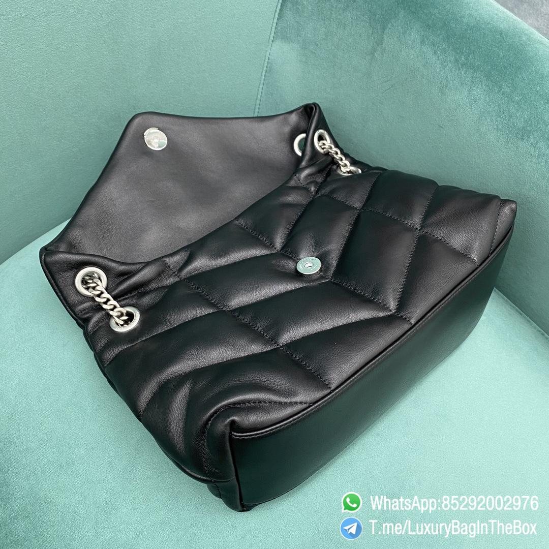 Top Quality YSL Puffer Small Bag Black In Quilted Lambskin with Silver Handware Metal YSL Initials and Chain Leather Strap Double Shoulder Carry SKU 577476 05