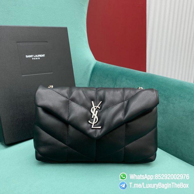 Top Quality YSL Puffer Toy Bag Black In Quilted Lambskin with Silver Handware Metal YSL Initials and Detachable Chain Leather Strap SKU 6203331EL001000 01