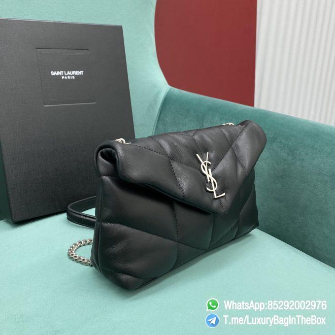 Top Quality YSL Puffer Toy Bag Black In Quilted Lambskin with Silver Handware Metal YSL Initials and Detachable Chain Leather Strap SKU 6203331EL001000 02