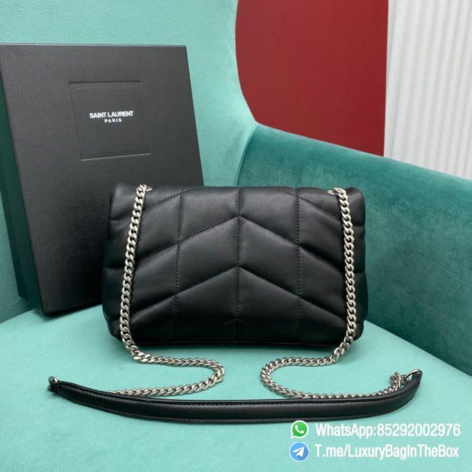 Top Quality YSL Puffer Toy Bag Black In Quilted Lambskin with Silver Handware Metal YSL Initials and Detachable Chain Leather Strap SKU 6203331EL001000 03