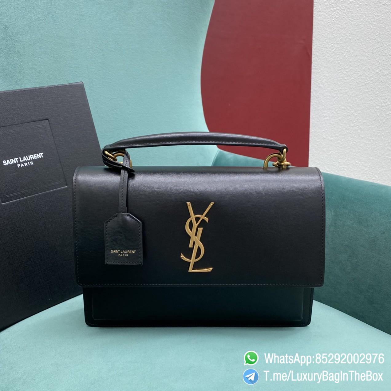 YSL MEDIUM SUNSET SATCHEL IN BLACK SMOOTH LEATHER SATCHEL FRONT FLAP TOP HANDLE ADJUSTABLE AND DETACHABLE LEATHER AND CHAIN STRAP BRONZE METAL YSL INITIALS SKU 634723D420W1000 01