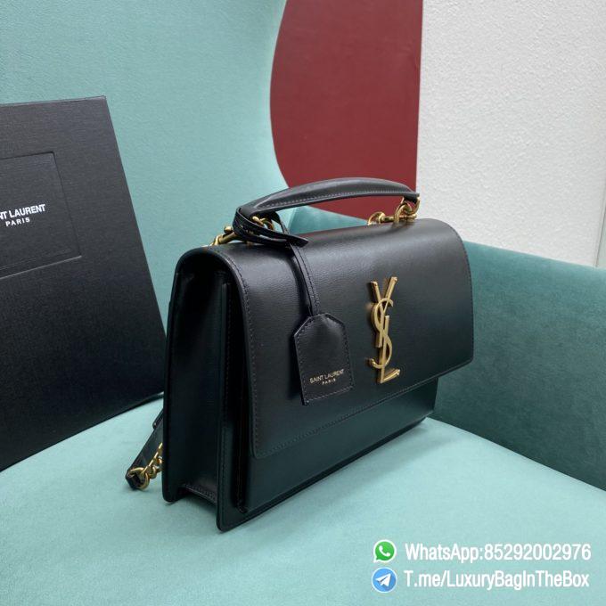 YSL MEDIUM SUNSET SATCHEL IN BLACK SMOOTH LEATHER SATCHEL FRONT FLAP TOP HANDLE ADJUSTABLE AND DETACHABLE LEATHER AND CHAIN STRAP BRONZE METAL YSL INITIALS SKU 634723D420W1000 02