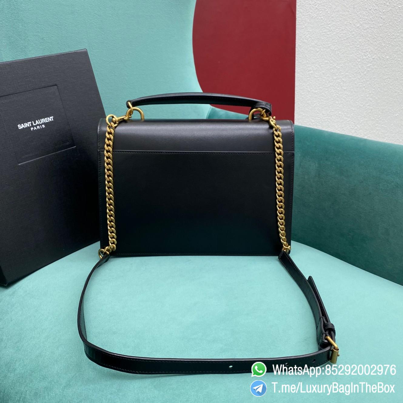 YSL MEDIUM SUNSET SATCHEL IN BLACK SMOOTH LEATHER SATCHEL FRONT FLAP TOP HANDLE ADJUSTABLE AND DETACHABLE LEATHER AND CHAIN STRAP BRONZE METAL YSL INITIALS SKU 634723D420W1000 03