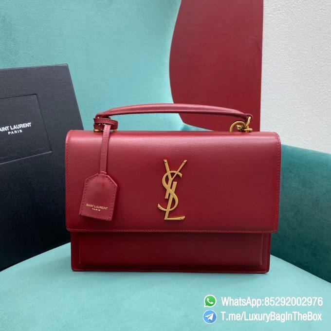 YSL MEDIUM SUNSET SATCHEL IN OPYUM RED SMOOTH LEATHER SATCHEL FRONT FLAP TOP HANDLE ADJUSTABLE AND DETACHABLE LEATHER AND CHAIN STRAP BRONZE METAL YSL INITIALS SKU 634723D420W6008 01