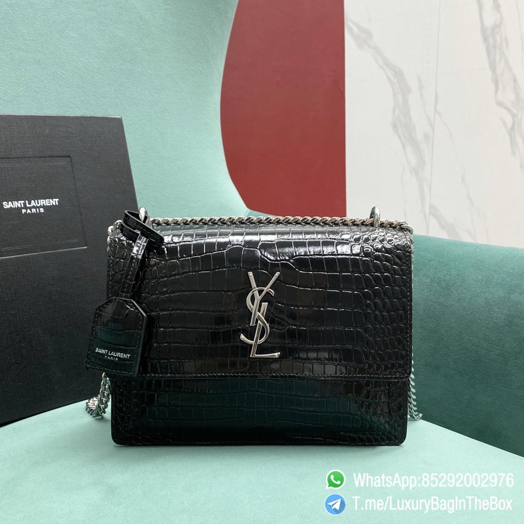 YSL Sunset Bag In Black Crocodile Embossed Shiny Leather Front Flap Chian Leather Shoulder Strap Silver YSL Initials In Metal SKU 442906DND0N1000 01