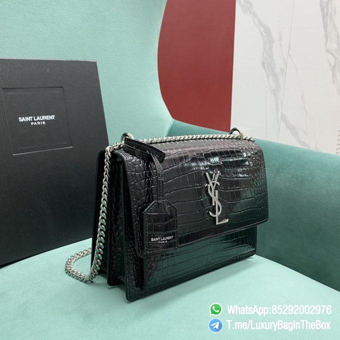 YSL Sunset Bag In Black Crocodile Embossed Shiny Leather Front Flap Chian Leather Shoulder Strap Silver YSL Initials In Metal SKU 442906DND0N1000 02