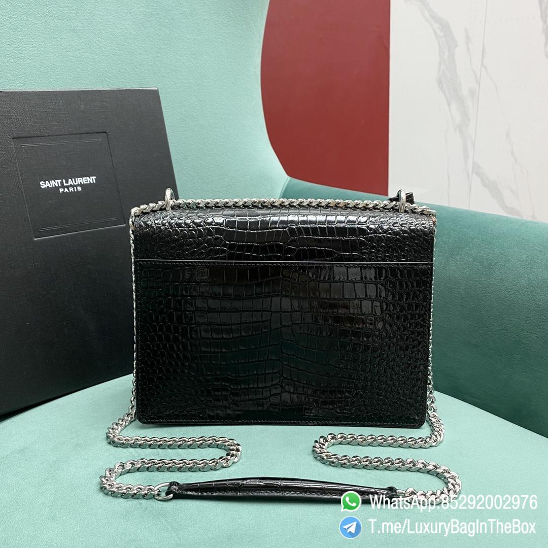 YSL Sunset Bag In Black Crocodile Embossed Shiny Leather Front Flap Chian Leather Shoulder Strap Silver YSL Initials In Metal SKU 442906DND0N1000 03