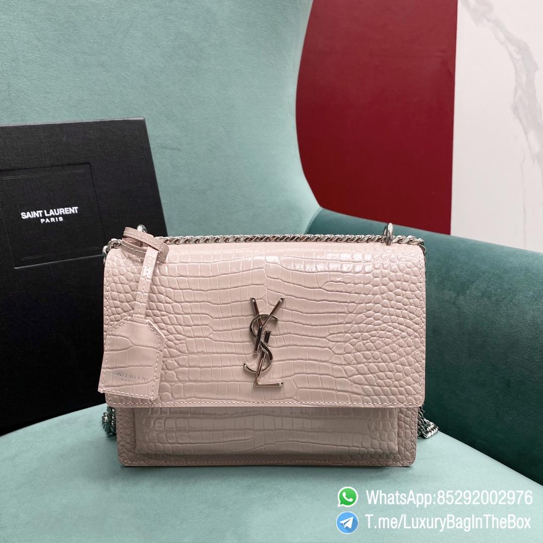 YSL Sunset in Dark Beige Crocodile Embossed Shiny Leather with Front Flap Chian and Leather Should Strap Silver Metal Handware YSL Initials SKU 442906DND0J2721 01