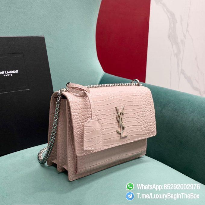 YSL Sunset in Dark Beige Crocodile Embossed Shiny Leather with Front Flap Chian and Leather Should Strap Silver Metal Handware YSL Initials SKU 442906DND0J2721 02